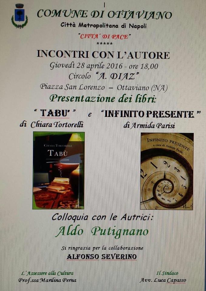 Ottaviano: Incontro con l’autore al Circolo “A. Diaz”: Chiara Tortorelli e Armida Parisi presentano “Tabù” e “Infinito presente”