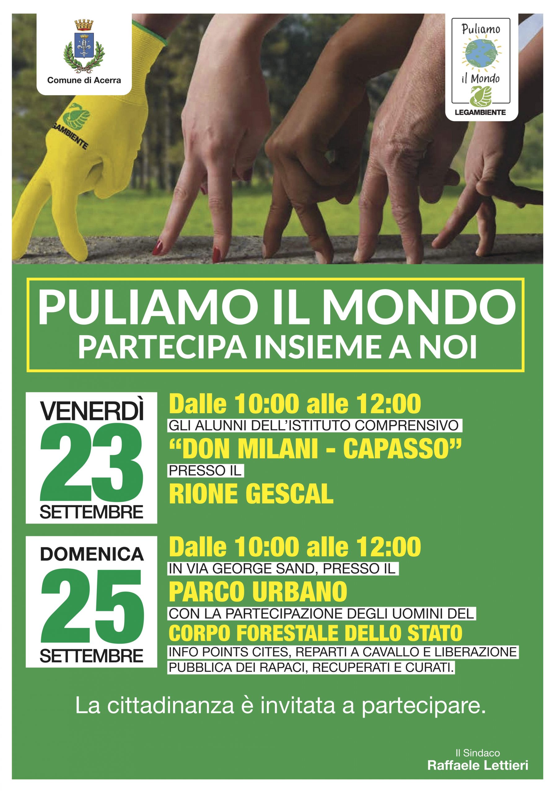 Acerra, venerdì 25 e domenica 27 settembre torna “Puliamo il Mondo” di Legambiente con gli alunni della scuola “Don Milani-Capasso” e gli uomini del Corpo Forestale dello Stato