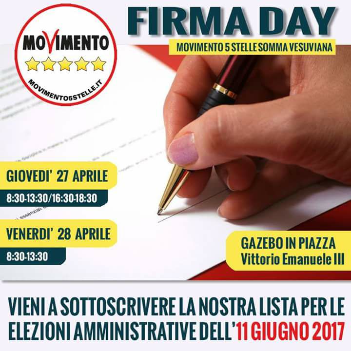 Somma Vesuviana/Amministrative 2017: giovedì e venerdì il M5S in piazza per il «Firma Day»