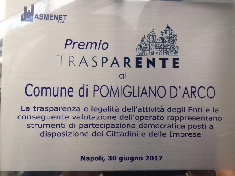 Ancora a Pomigliano d’Arco il premio Comune TrasparEnte, primo in provincia di Napoli