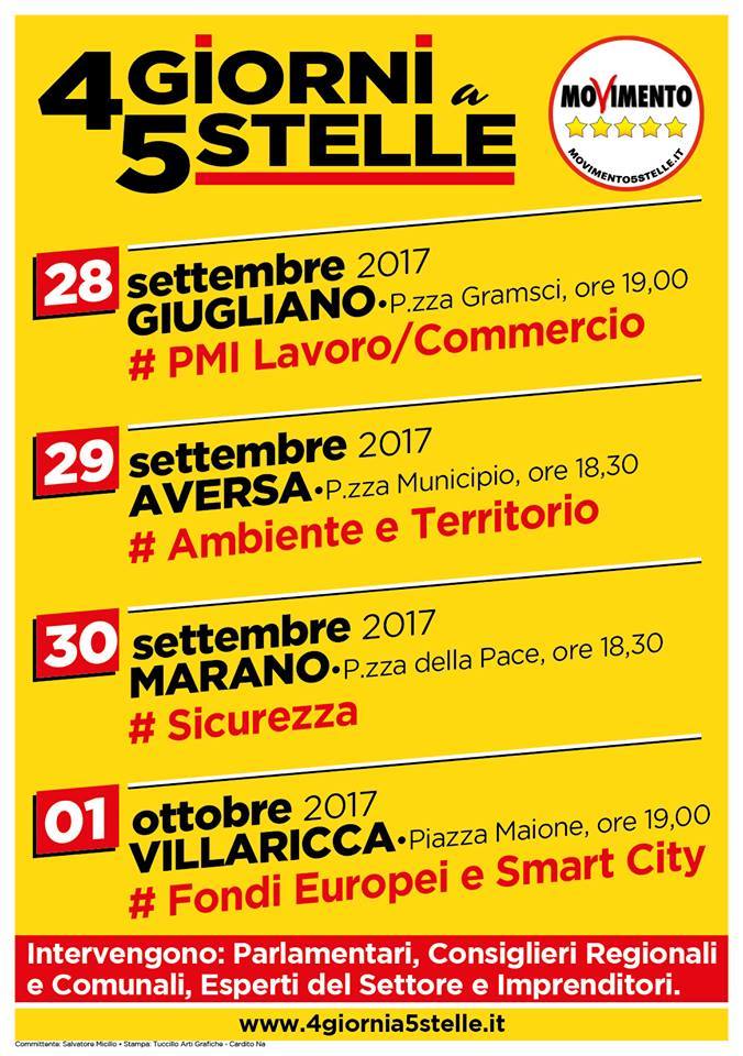 Salvatore Micillo (M5S) lancia nell’Area nord di Napoli la “4 giorni a 5 stelle”, dal 28 settembre al 1 ottobre 2017, #4giornia5stelle