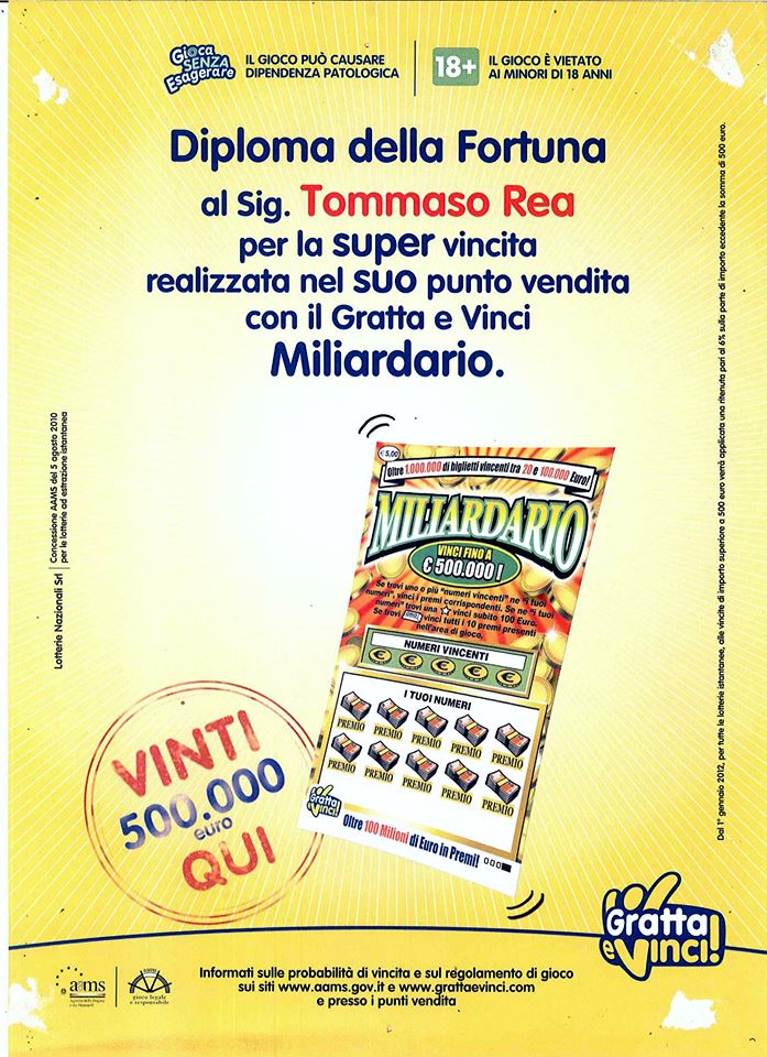 Somma Vesuviana, vincita di 500mila euro nella tabaccheria di Tommaso Rea