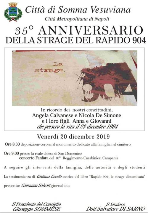 Somma Vesuviana, a 35 anni dalla Strage del Rapido 904 il Comune ricorda le 4 vittime sommesi