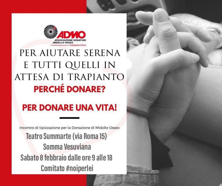 Aiutare Serena e chi attende trapianto di midollo, a Somma Vesuviana una giornata per trovare un donatore