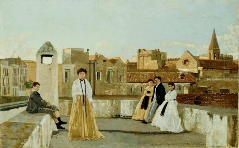 “La terrazza” di Edoardo Dalbono: stanno insieme, ognuno nella propria solitudine. Pare una scena di oggi