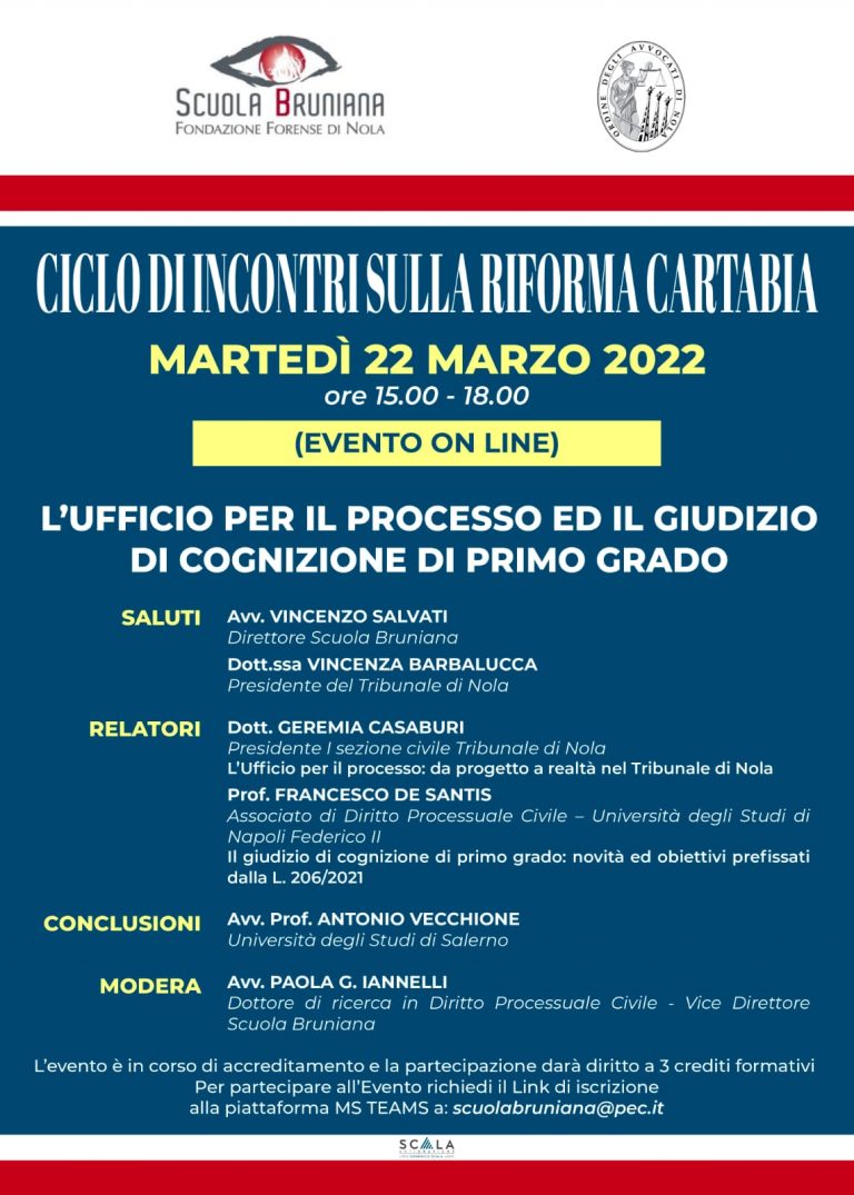 Riforma Cartabia, ciclo di incontri della Scuola Bruniana. Si inizia martedì