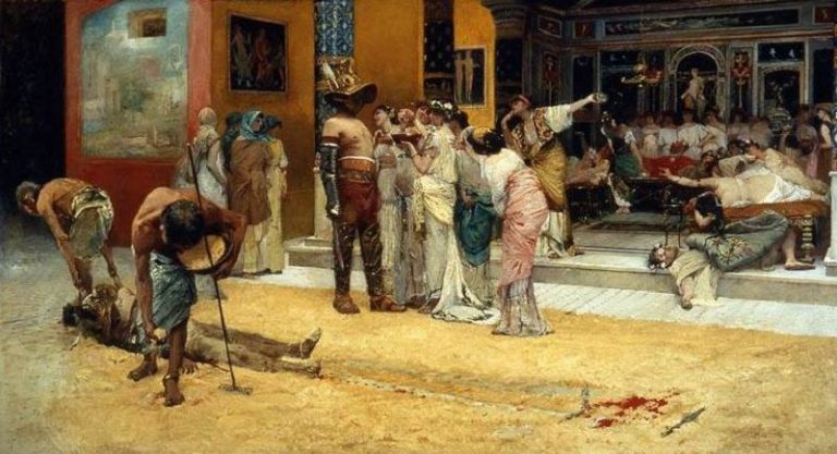 Un quadro “teatrale” di F. Netti: “Duello di gladiatori durante una cena a Pompei”