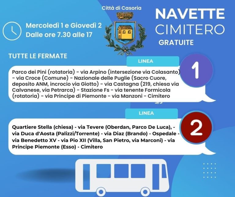Defunti, due linee di navette gratuite per portare i cittadini al cimitero