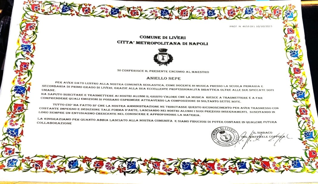 Ottaviano, il Comune di Liveri conferisce un encomio al Maestro Aniello Sepe