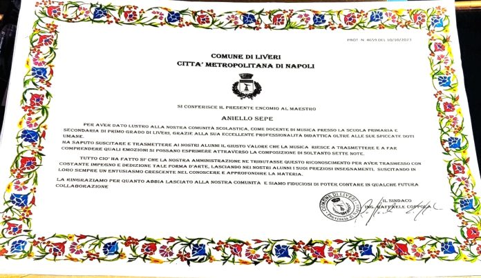 Ottaviano, il Comune di Liveri conferisce un encomio al Maestro Aniello Sepe