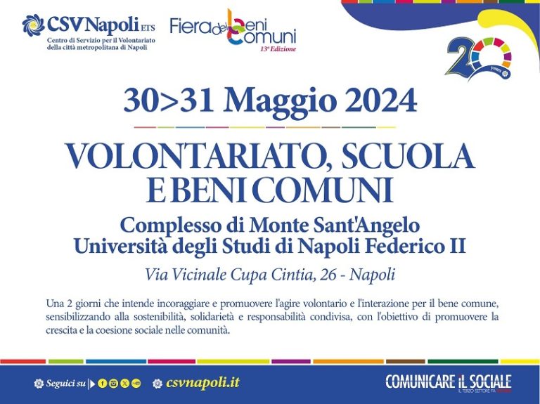“Volontariato, scuola e beni comuni”, l’evento di CSV Napoli il 30 e 31 maggio